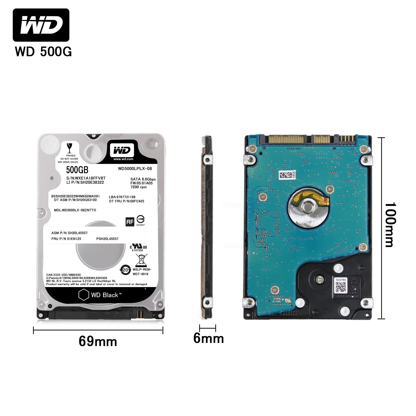 Refurbished HDD Western Digital HDD 500G Internal Hard Disk (2.5inch / SATA 3Gb/s / 7200rpm / 16MB / 6mm) 2.5 inch WD HDD 500GB Black Series WD5000LPLX-08, Desktop PC/Laptop HDD Internal Hard Disk
