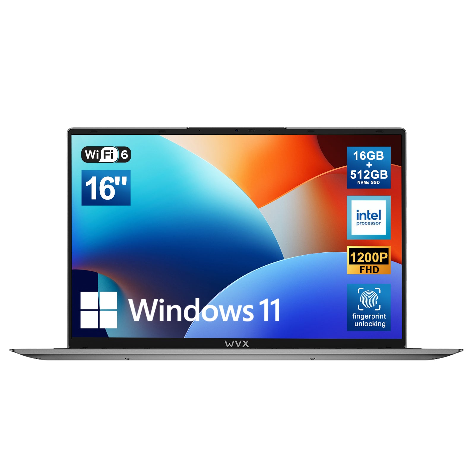 WVX 16 Inch Laptop [Win 11 / MS Office 2019 ] PC Notebook / Intel Celeron N100  Memory DDR4, 16GB,512GB /SSD 指纹解锁，立体扬声器