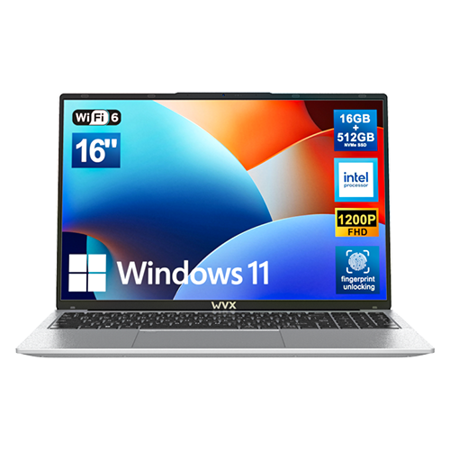 WVX 16 Inch Laptop [Win 11 / MS Office 2019 ] PC Notebook / Intel Celeron N100  Memory DDR4, 16GB,512GB /SSD 指纹解锁，立体扬声器