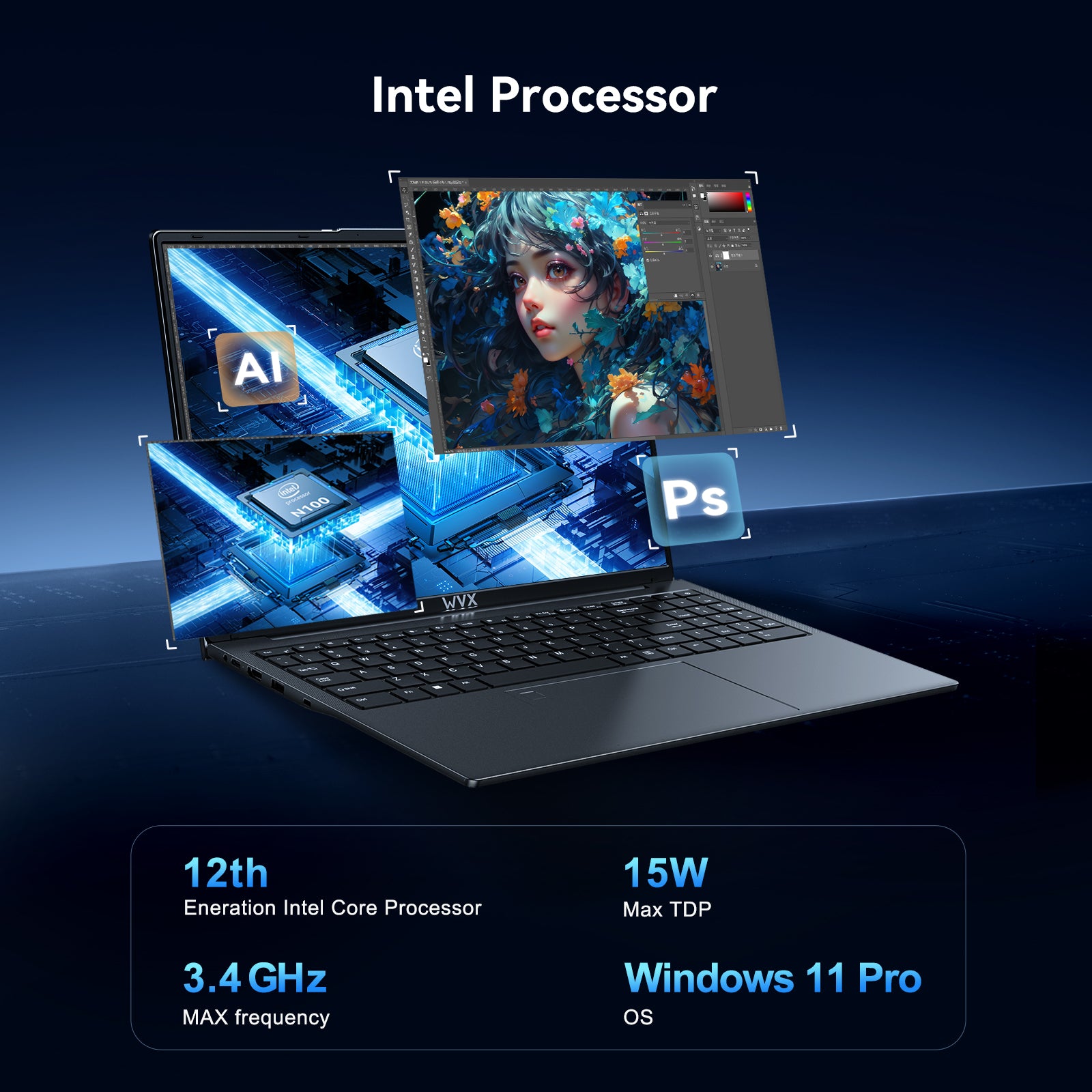 WVX 16 Inch Laptop [Win 11 / MS Office 2019 ] PC Notebook / Intel Celeron N100  Memory DDR4, 16GB,512GB /SSD 指纹解锁，立体扬声器
